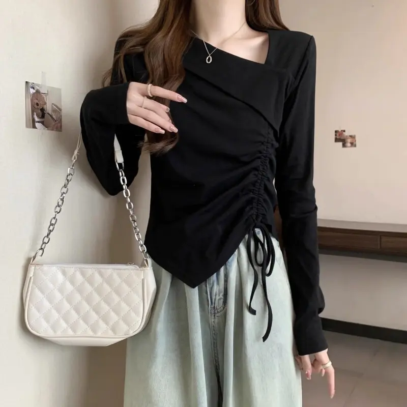Áo Thun Dài Tay Thiết Kế Mùa Xuân Ngoại Cỡ Phong Cách Sang Trọng Bất Đối Xứng Dành Cho Nữ, Với Lớp Nền Dây Rút, Thích Hợp Cho Cô Gái Đầy Đặn, Áo Dễ Phối Đồ 8