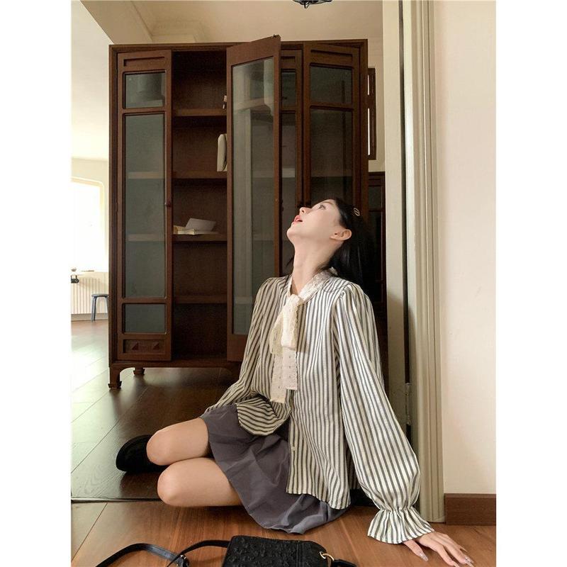 Áo Sơ Mi Dài Tay Kẻ Sọc Buộc Dây Nơ, Dành Cho Nữ, Thời Trang Phong Cách Hàn Quốc Mới Đầu Thu, Dáng Rộng Vừa Vặn, Áo Sơ Mi Độc Đáo Hợp Xu hướng Top Women Shirt Cổ Tròn 4
