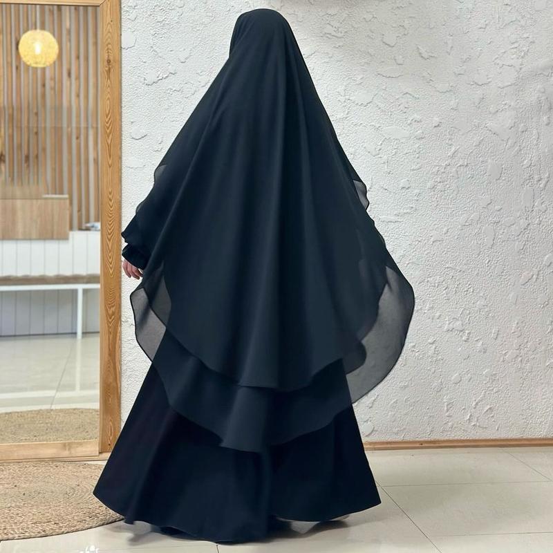 Product Introduction of Hot Sale Middle East Muslim Headscarf Solid Color Chiffon Front and Rear Double Layer Gown Hijab Khimar Msl161 6