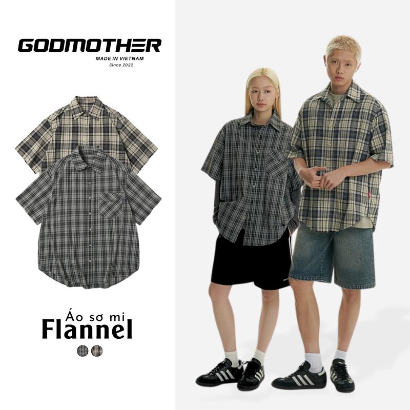 Áo Sơ Mi Flannel GODMOTHER Áo Sơ Mi Classic Cộc Tay Cổ Bẻ Form Rộng Nam Nữ Unisex