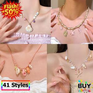 สร้อยคอจี้ปลาดาวโลหะลูกปัดสำหรับผู้หญิง โซ่คอกระดูกไหปลาร้า เปลือกหอย เก๋ไก๋ ของขวัญแฟชั่น แฟชั่น สร้อย ผู้หญิง