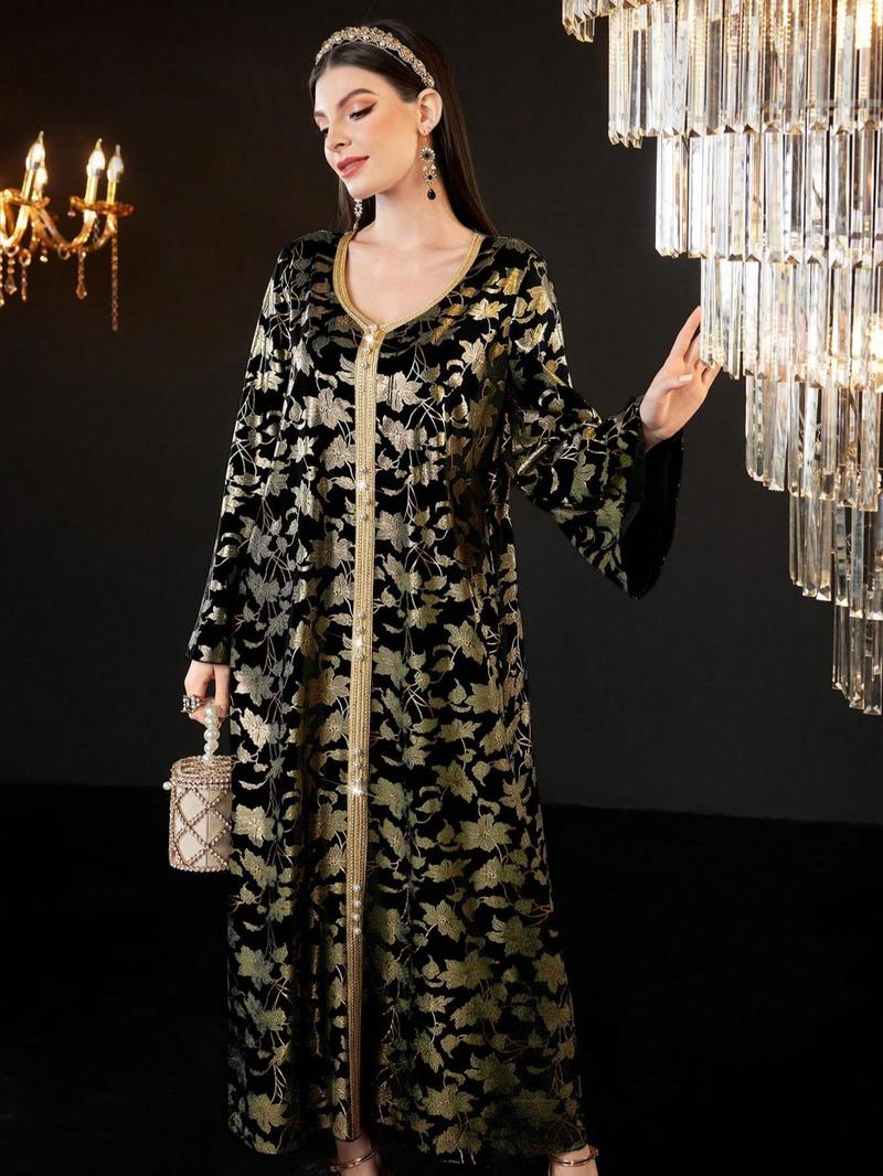 Product Introduction of Women's Floral Print Long Sleeve Dress, Elegant Open Front Maxi Muslim Dress for Party Daily Wear, Ladies Islamic Clothing for All Seasons 9