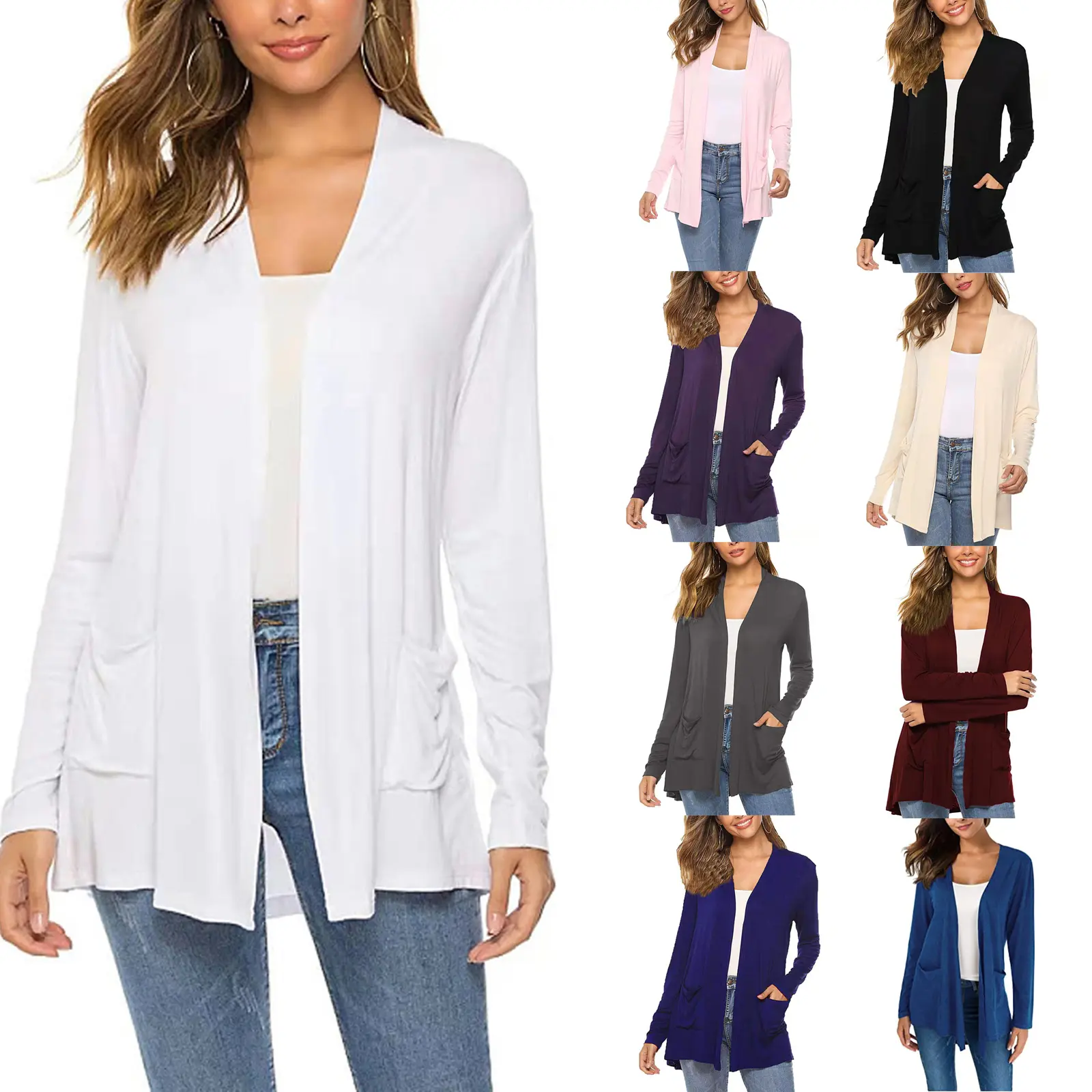 Women Simple Style Cardigan, Solid Color Long Sleeve Knitwear with Pockets, S/ M/ L/ XL/ XXL