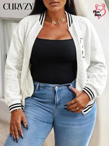 CURVZY Plus Size Letter Patched Textured Drop Shoulder Zip Up Coat, Casual Long Sleeve Pocket Baseball Collar Outerwear for Fall & Winter, Women's Clothes for Daily Wear