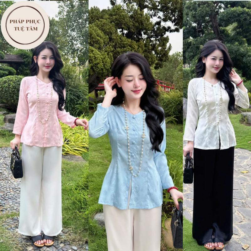 Tuệ Tâm Pháp Phục Bộ quần áo bà ba đi chùa Nữ cổ tim cúc bọc mềm mại nhẹ nhàng - Top Đồ Lam Women