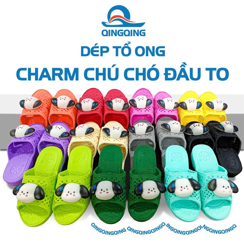 Dép tổ ong Nam Nữ size 31-38 charm chú chó đầu to Lùi 1 Size DéP Chất liệu EVA nhẹ,Đáng iu Đế Bằng