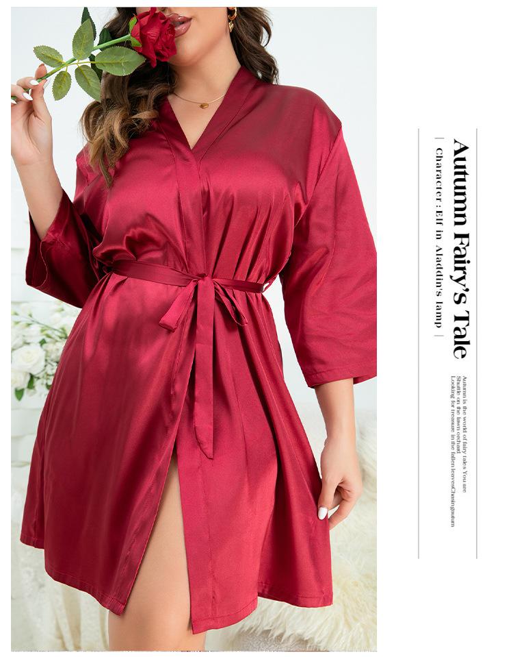 Product Introduction of 2025 new spring summer thin cross-border width plus size bathroom bathrobe casual ice silk pajamas women's home wear simple cardigan lace-up nightgown 6