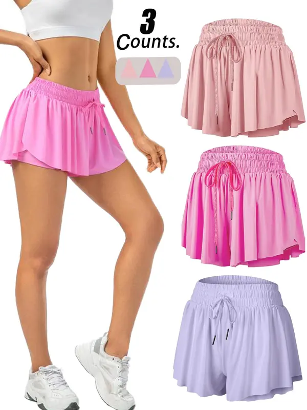 Women's Solid Color Ruffle Trim Sports Skort, Casual Comfy Breathable High Waist Built-in Shorts Skort for Tennis Golf Workout Running, Ladies Sportswear for Summer 2