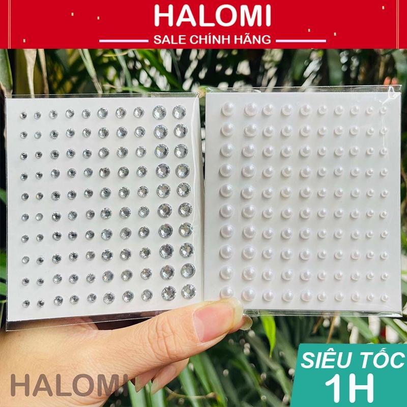Đá đính tóc mặt có sẵn keo dán gồm 100 viên đá dán makeup đá đính mặt hóa trang HALOMI