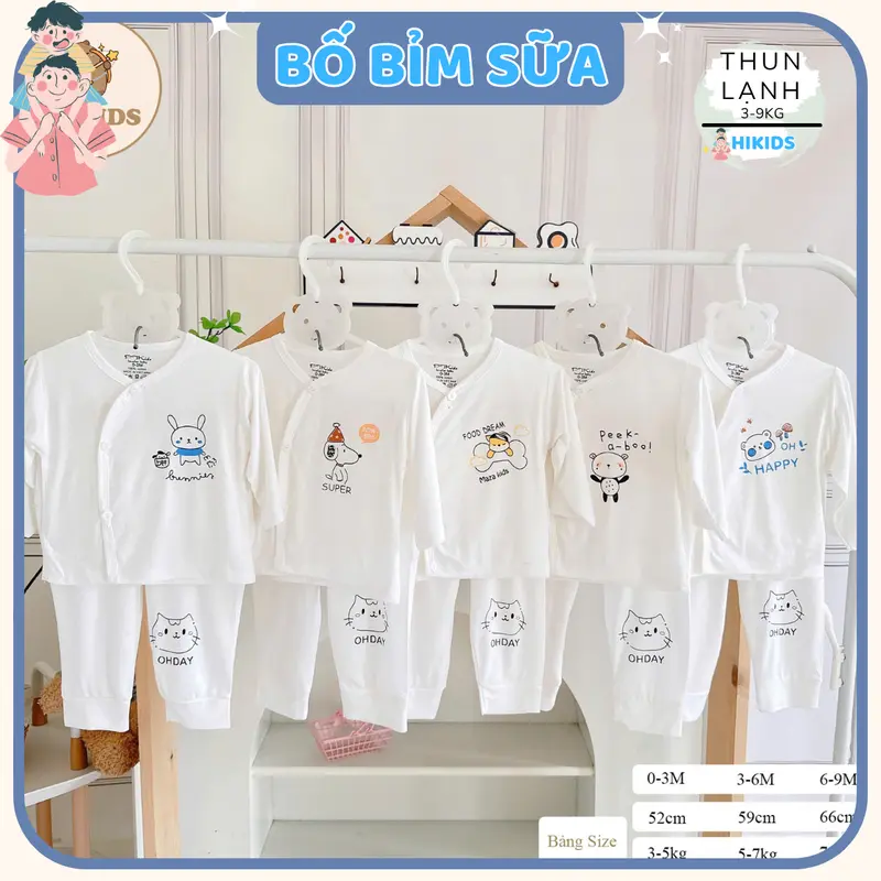 (Mỏng Mát) Combo 3 - 5 bộ quần áo dài tay sơ sinh TT chất thun lạnh cho bé  trắng in hoạ tiết cho bé 0 - 9 tháng [DL0] hikids set  đồ 0