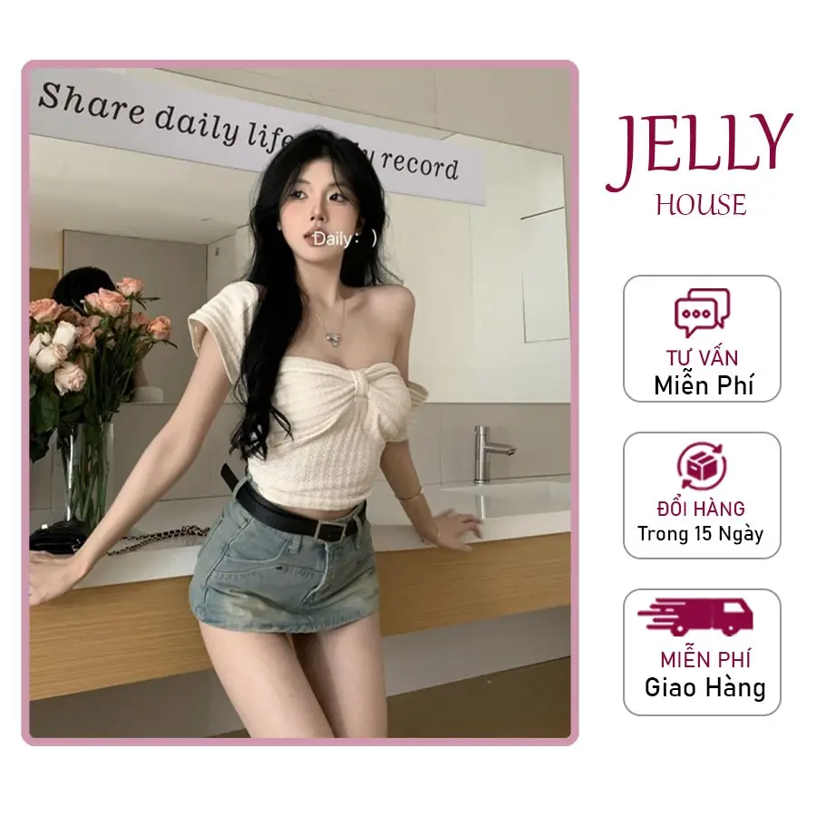Áo kiểu croptop tay ngắn cổ vuông nữ, áo kiểu dáng ngắn cổ nơ chất len xốp tôn dáng gợi cảm siêu xinh Women Shirt Sơ Mi