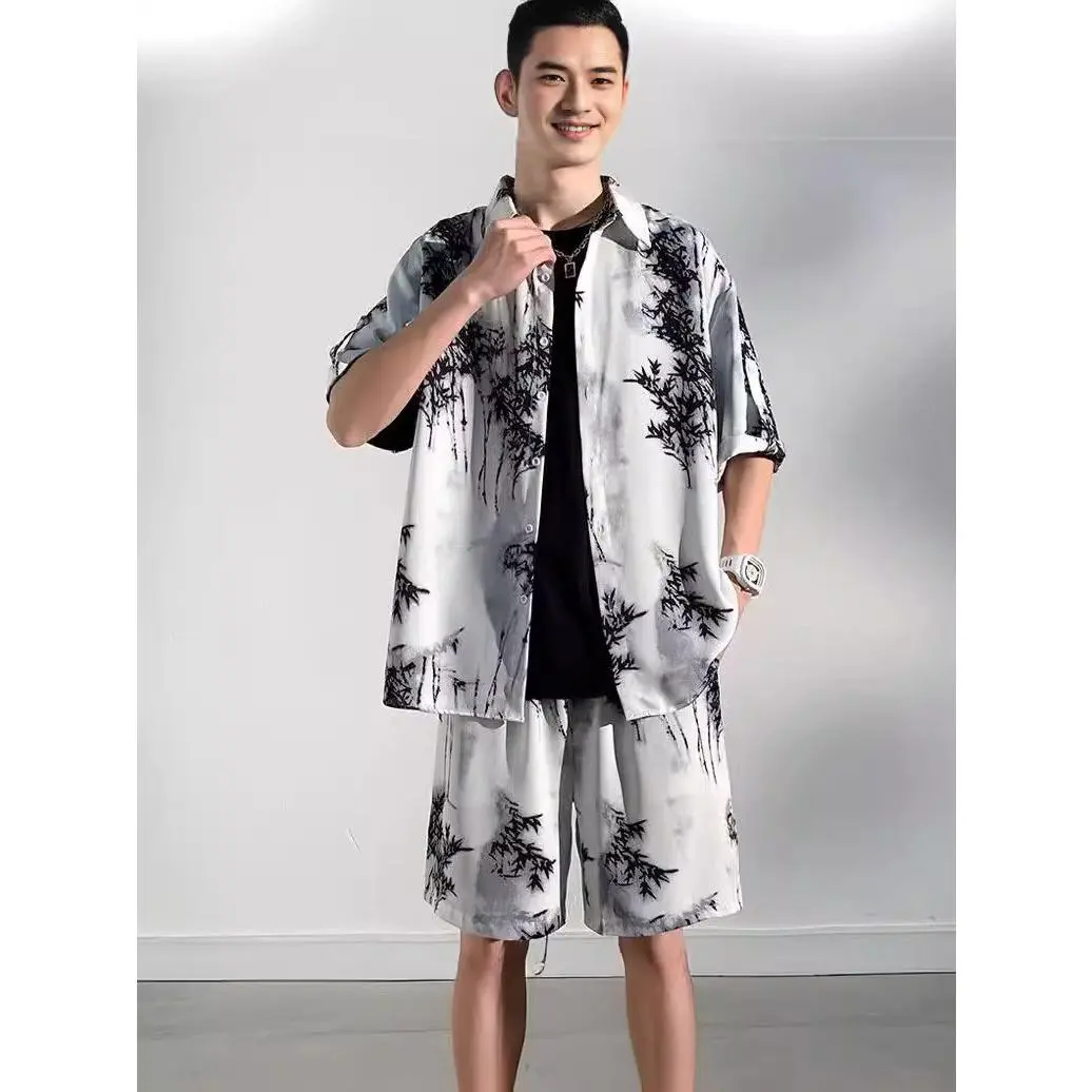 Men's New Chinese Style Short Sleeve Shirt & Shorts Set - Summer Breathable Cooling Outfit, Trendy Casual Two-Piece (Icy Silk Fabric)
