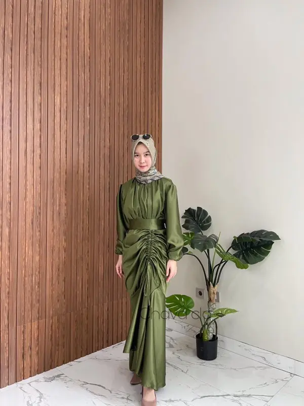 Vannya Dress Satin Silk Premium Bridesmaid Viral Long Dress Serut Pesta Kondangan Karet Muslim Wanita Gamis Maxi Panjang Armani Gaun Biru Navy Formal Velvet Putih Menyusui Coklat Hitam 4