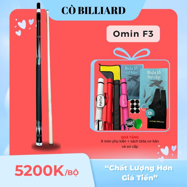 Cơ bida lỗ Omin F3( ngọn mộc công nghệ có carbon xuyên tâm )( tặng kèm 9 món pk và sách bida cơ bản )