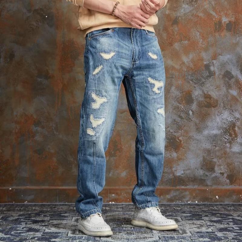Quần Jean Nam, Mã Số 729, Cotton Màu Xanh Rách Vá, Form Suông, Phong Cách Bụi Bặm Trưởng Thành