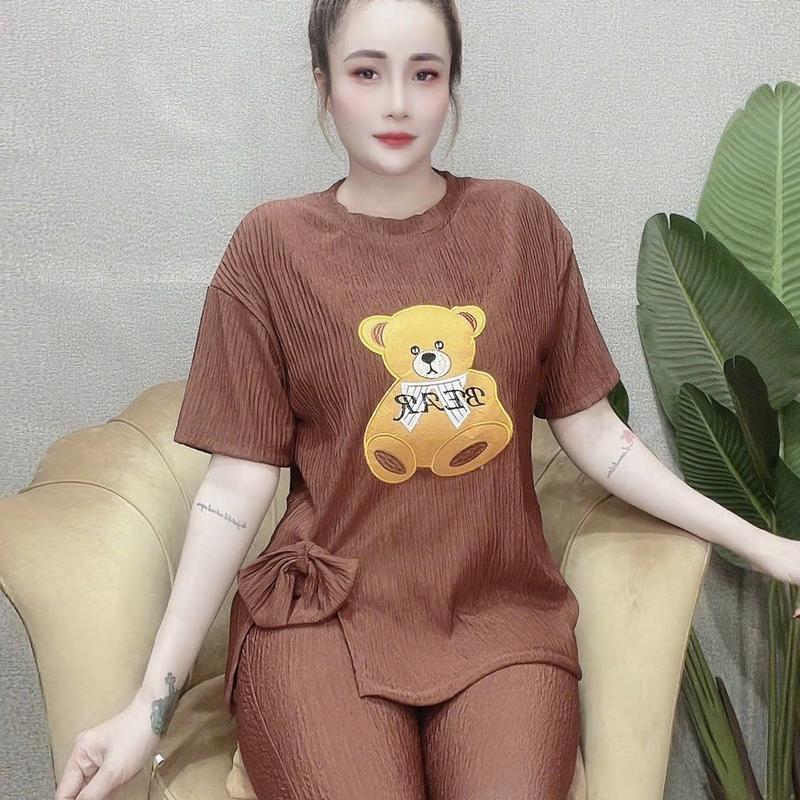 Đồ Bộ Mặc Nhà Nữ Thêu Gấu Có Xẻ Lai Quần Có Túi Vải Thun Xốp Nhật Co Dãn bộ ngủ lụa bigsize bo duigan dobo tay setdomac nhaxinh sleep home pijjampijama macnha đũi Hoodie Boxy