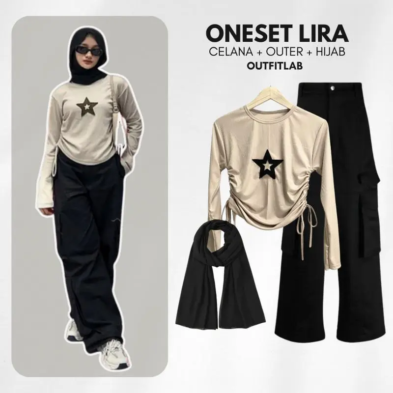 Bramantyashop - Outfit Set Lira Hijab Wanita ( Atasan Croptop Tali Pasmina Hitam + Celana Cargo ) Setelan OOTD Casual Semi Formal Remaja Baju Muslim Panjang