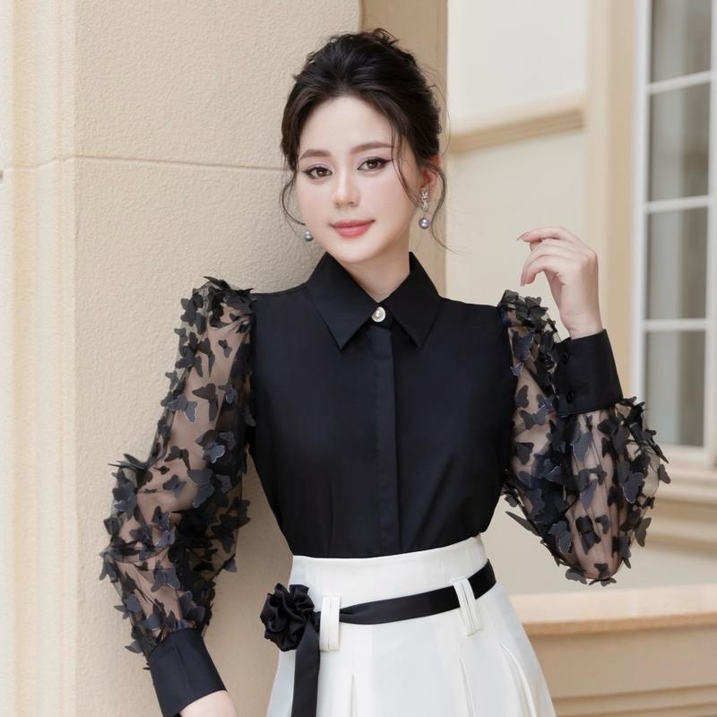 Butterfly Shirt - Áo sơ mi lụa cao cấp phối tay ren lưới thêu bướm tiểu thư Nữ Top Women Sen