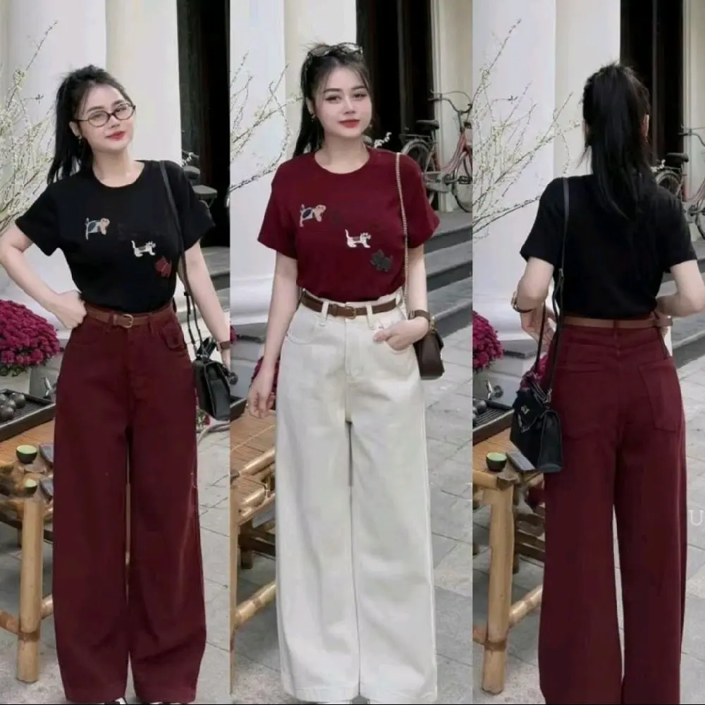 QUẦN JEANS NỮ DÁNG SUÔNG BASIC MÀU ĐỎ RƯỢU VANG,TRẮNG HOTTREND CẠP CAO LƯNG CAO PHỐI ĐỒ CỰC SANG ( KHÔNG CO GIÃN )QCJ09