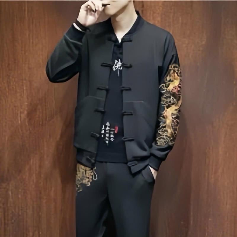 Bộ cổ tàu nam dài tay, Mẫu bộ nam mùa đông áo 2 lớp dày dặn  , Quần áo  cho nam giới hoạ tiết thêu