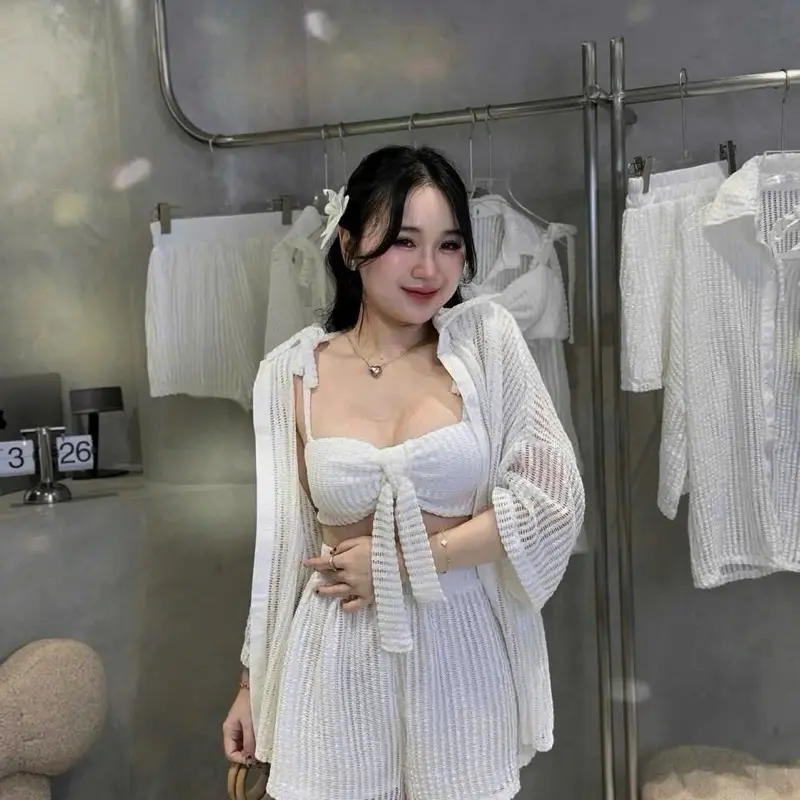 Đồ đi biển: Sét 3 món áo bra ren 2 lớp mút ngực kèm quần ren 2 lớp kèm áo khoác