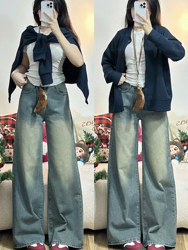 Quần jean ỐNG SUÔNG LOE wash cạp cao tôn dáng phom thụng tôn dáng