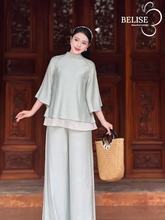 Pháp phục 2 tầng màu xanh dương chất đũi Nhật lót voan tơ, quần form suông rộng nhà Belise Fashion Women Nữ Jacket Ong Áo Top