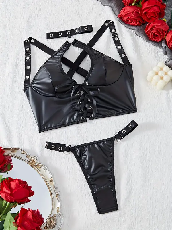 Women's Solid PU Leather Bra & Panty Two-piece Set, Fashion Chic Bra & Panty Set for Daily Wear, Women's Lingerie Set for All Seasons 1