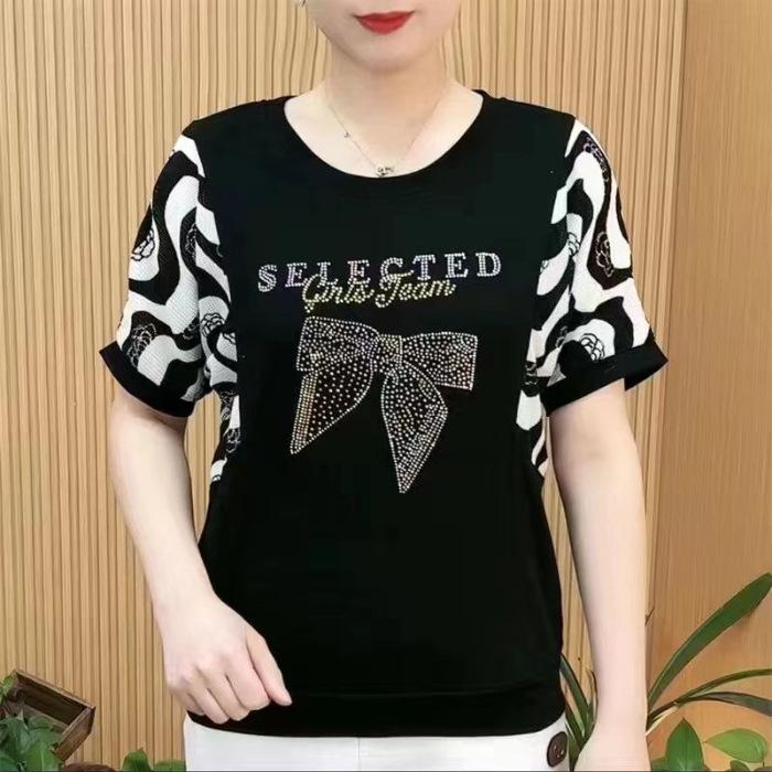 Áo Phông Ngắn Tay Cho Mẹ TRUNG NIÊN, Xuyên Biên Giới, Hàng Mới Về Mùa Hè Của Phụ Nữ, Ngoại Cỡ, Dáng Rộng Vừa Vặn, Thời Trang Và Phong Cách, Áo In Hình đính đá 7
