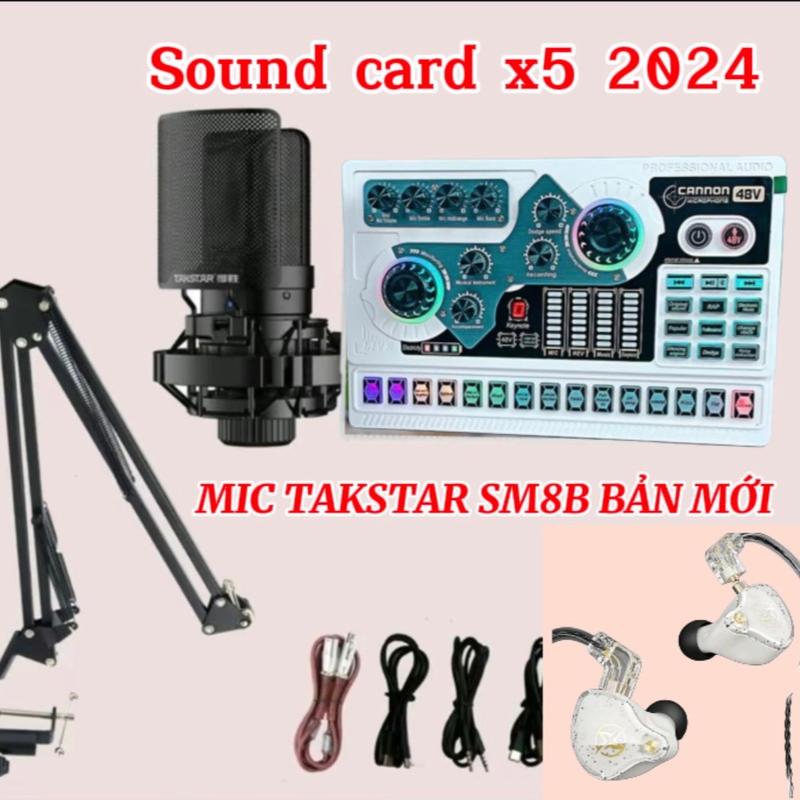 Trọn bộ sound card x5 ,mic takstar SM8B phiên bản mới kèm dây mic Đức tai nghe móc ngược vành tai kẹp mic dây live hai chiều