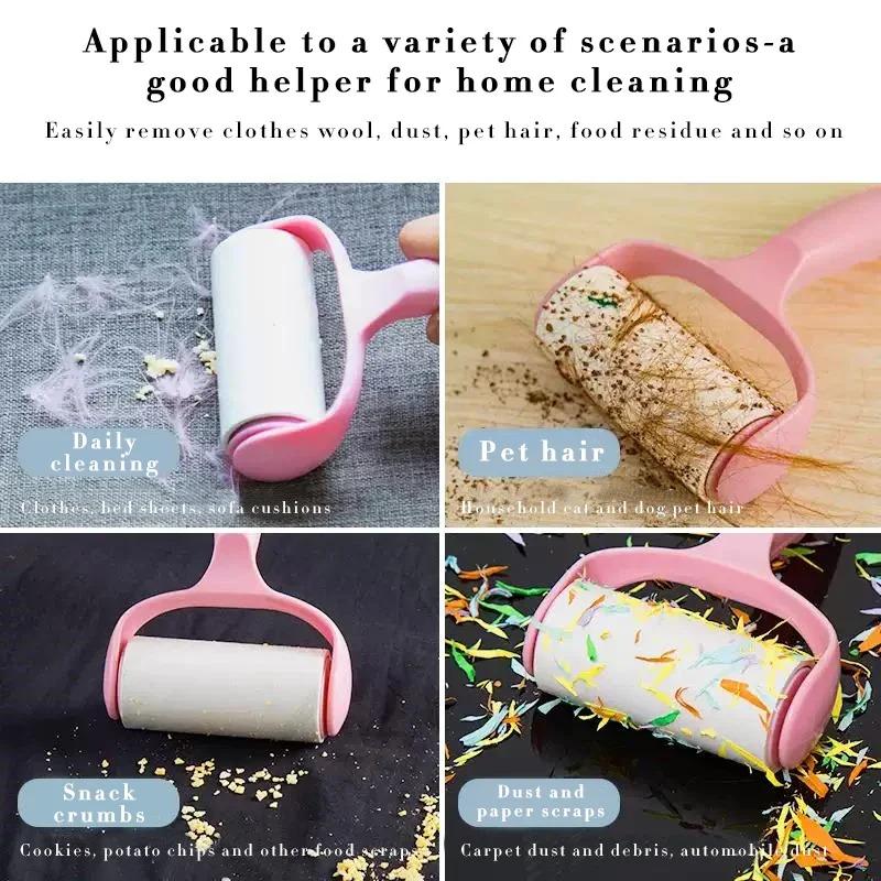 Product Introduction of Tearable Roll Paper Sticky Roller Dust Wiper Pet Hair Clothes Carpet Tousle Remover Portable Replaceable Cleaning Brush Tool 7
