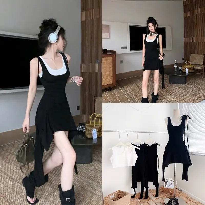 SET ĐẦM TUA LAI + ÁO CROPTOP TRẮNG 2009 Nữ Women Cotton Kem Voi