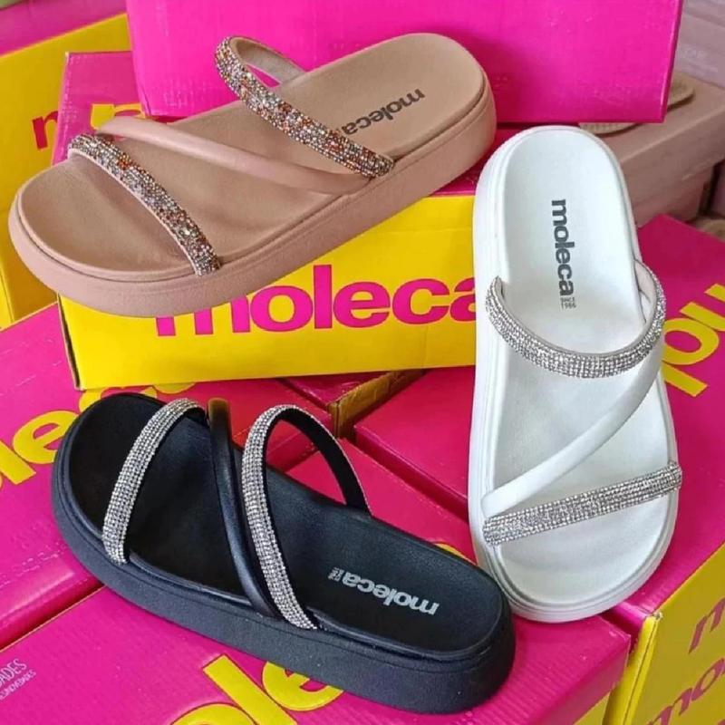 Sandália Feminina Papete Moleca Brilho Pedrinhas Strass Tendência Original