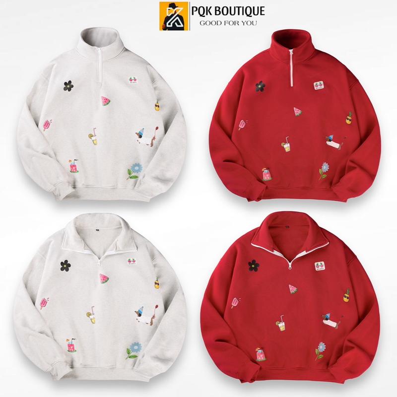 Áo Sweater Cổ Trụ Nỉ Bông Unisex Form Rộng JINGBELL Hình In Nhiều dễ thương có 2 túi