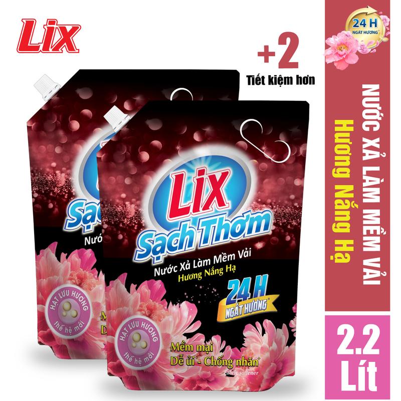 COMBO 2 TÚI Nước Xả Vải LIX Sạch Thơm Hương Nắng Hạ, Dễ Ủi, Chống Nhăn (2 TÚI x 2.2 LÍT) - Mã 2C-L17602