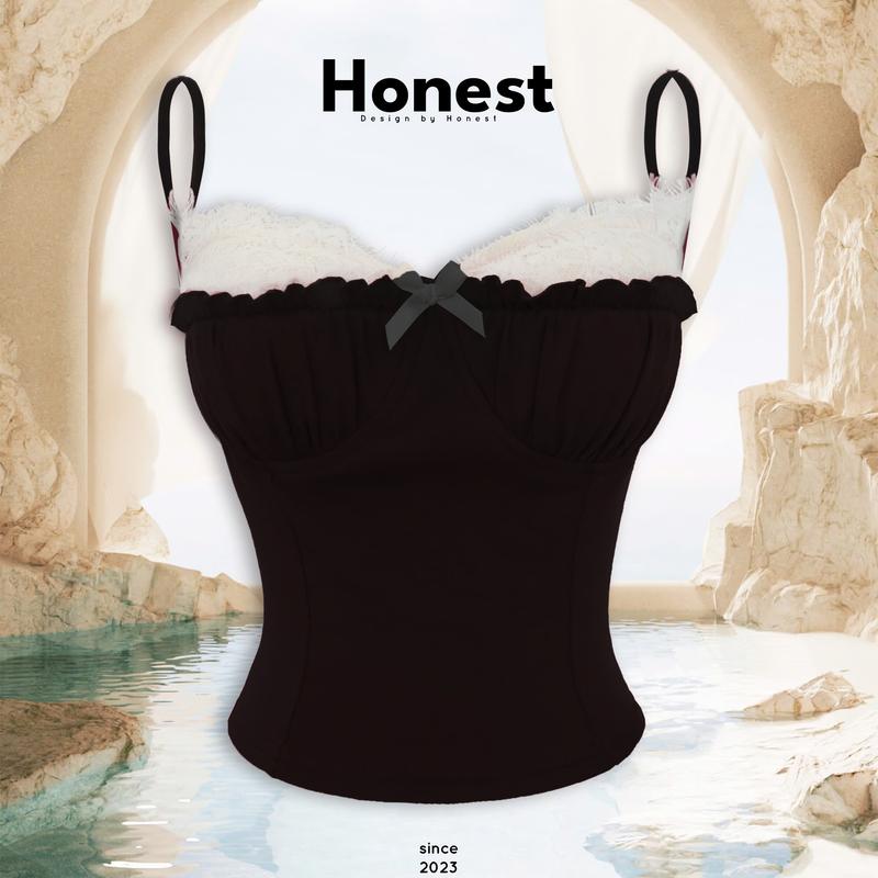 Áo dây CÚP ĐEN ngực phối ren sexy đính nơ xinh đẹp chất thun co dãn mát mẻ có mút kín đáo - Honest Nữ Women Top Viền Ren Cup Dáng Ngắn