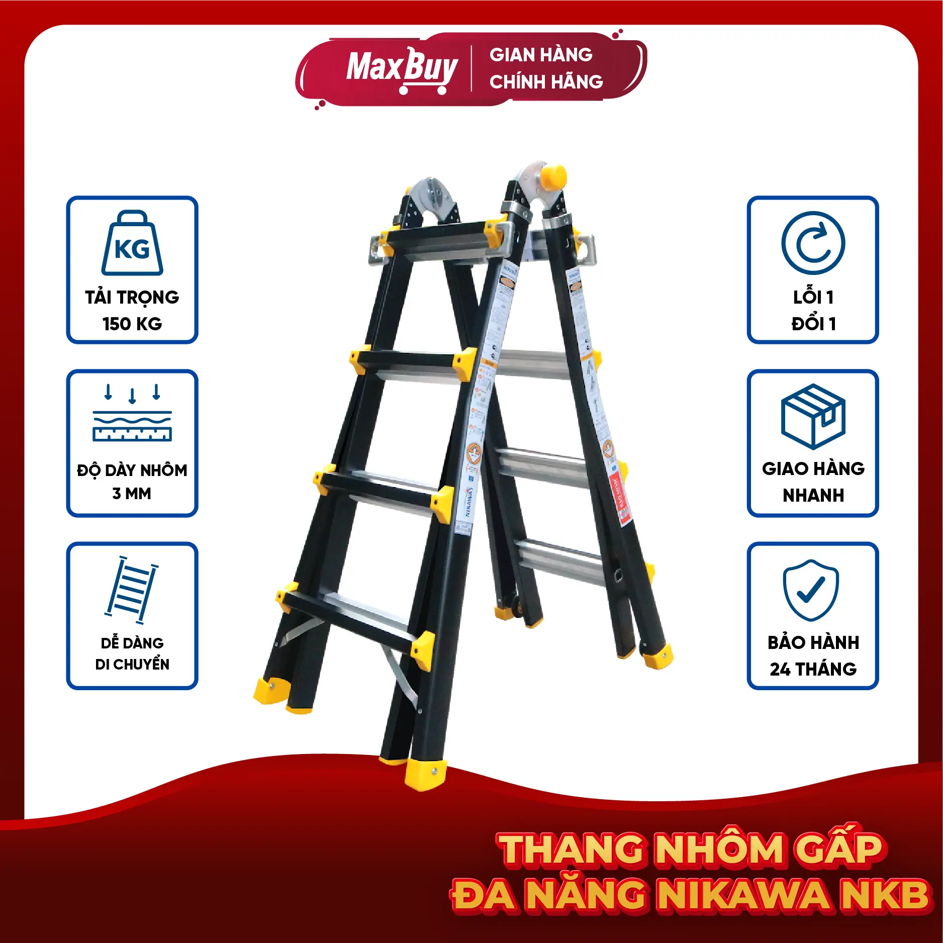 Nikawa - Thang nhôm gấp đa năng NKB-45 chiều cao sử dụng chữ A 252cm, duỗi thẳng chữ I 528cm Bảo hành 24 tháng có bánh xe di chuyển