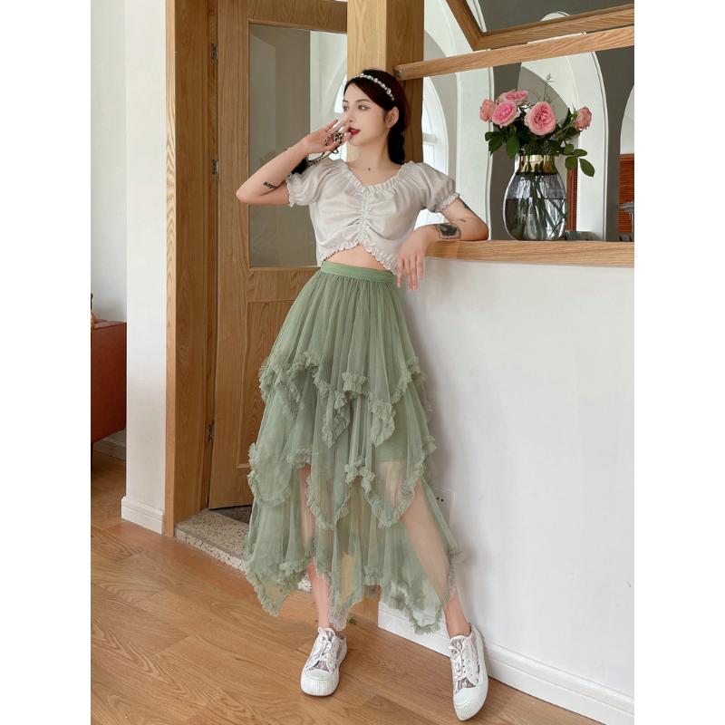 Product Introduction of Váy Bánh Lưới Bất Đối Xứng Dài Trung Bình Cạp Cao, Viền Lớn, Váy Gạc Cổ Tích Bồng Bềnh Váy Dài, 1279, Dành Cho Nữ, Gợi Cảm Và Hấp Dẫn, CH-TKSHOP Voan Women Voi Bo Chun 10