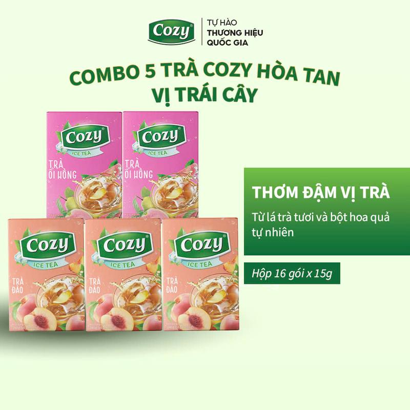 Combo 5 Hộp Trà Hòa Tan: 3 Trà Đào + 2 Trà Ổi Hồng Chua Nhẹ Cozy Tea Thức Uống Giải Khát Và Giải Nhiệt Thơm Ngon Dùng Trong Pha Chế Nước Trà Thơm Ngon, Chè Tươi