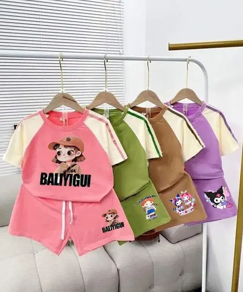 Combo 4 bộ cho bé  gái Logo 5D phối kẻ tay quần cộc .sezi  10-55kg