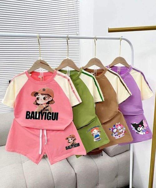 Combo 4 bộ cho bé  gái Logo 5D phối kẻ tay quần cộc .sezi  10-55kg
