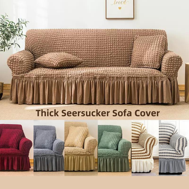 Thick Seersucker Skirt Sofa Cover Stretchable for 1/2/3/4 Seater ...