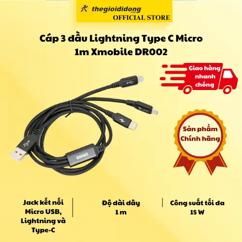 Cáp 3 đầu Lightning Type C Micro 1m Xmobile DR002 Đen