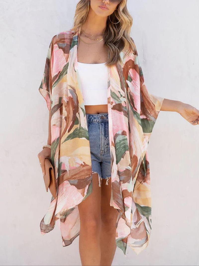 Product Introduction of Women's All Over Print Batwing Sleeve Kimono, Casual Open Front Split Side Kimono, Ladies Summer Swimwear for Beach Vacation Holiday, Summer Outfits 2024 1