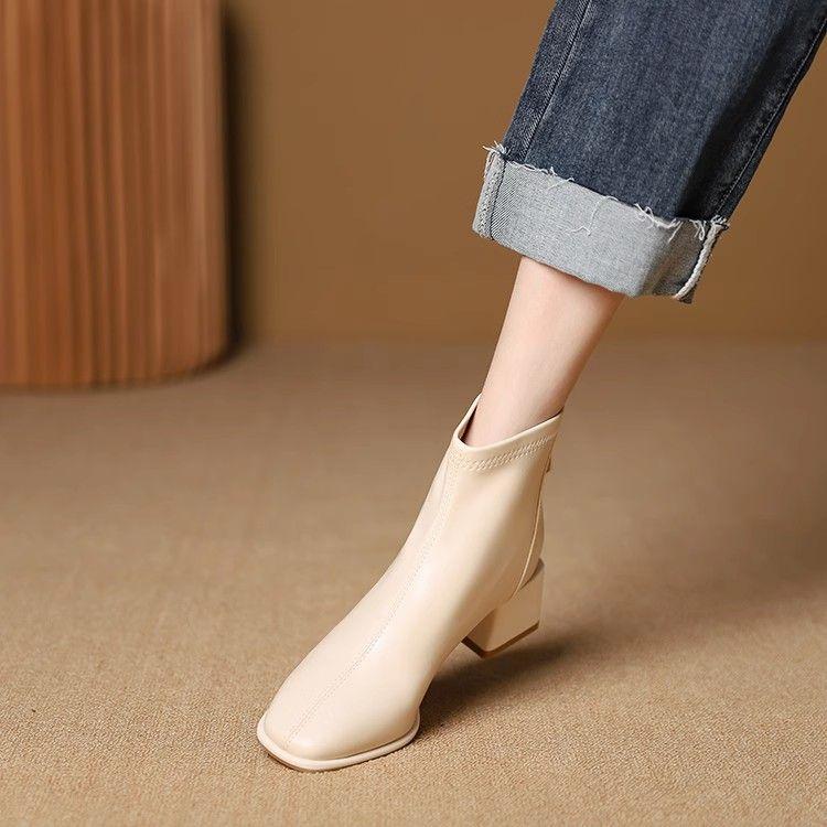 Bốt Cao Gót, Phong Cách Pháp, Dành Cho Nữ, Phong Cách Hàn Quốc Mới, Bốt Cao Đến Mắt Cá Chân Nhỏ Khóa Kéo Phía Sau, Đầu Vuông, Bốt Mỏng Co Giãn Màu Trắng， Boot， Shoes， Hoa 6