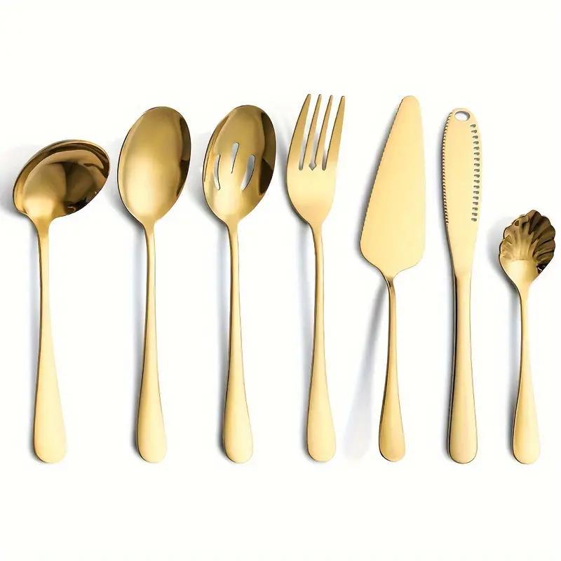 Product Introduction of Stainless Steel Tableware Set, 6/7 Counts/set  Including Spoons & Fork & Butter Knife & Cake Spatula, Home Kitchen Dinning Room Supplies 0