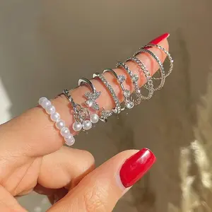 Cincin set 9pcs Bentuk kupu kupu aksen mutiara gaya cincin itu murah #S06