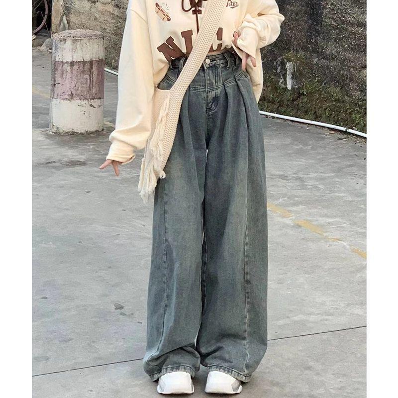 Quần Jean Cổ Điển Phong Cách Cổ Điển Dành Cho Nữ, Quần Dài Xếp Nếp Dễ Phối Đồ Quần Ống Rộng Thẳng Cạp Cao Dáng Rộng Mới Mùa Thu, Năm 2025 0