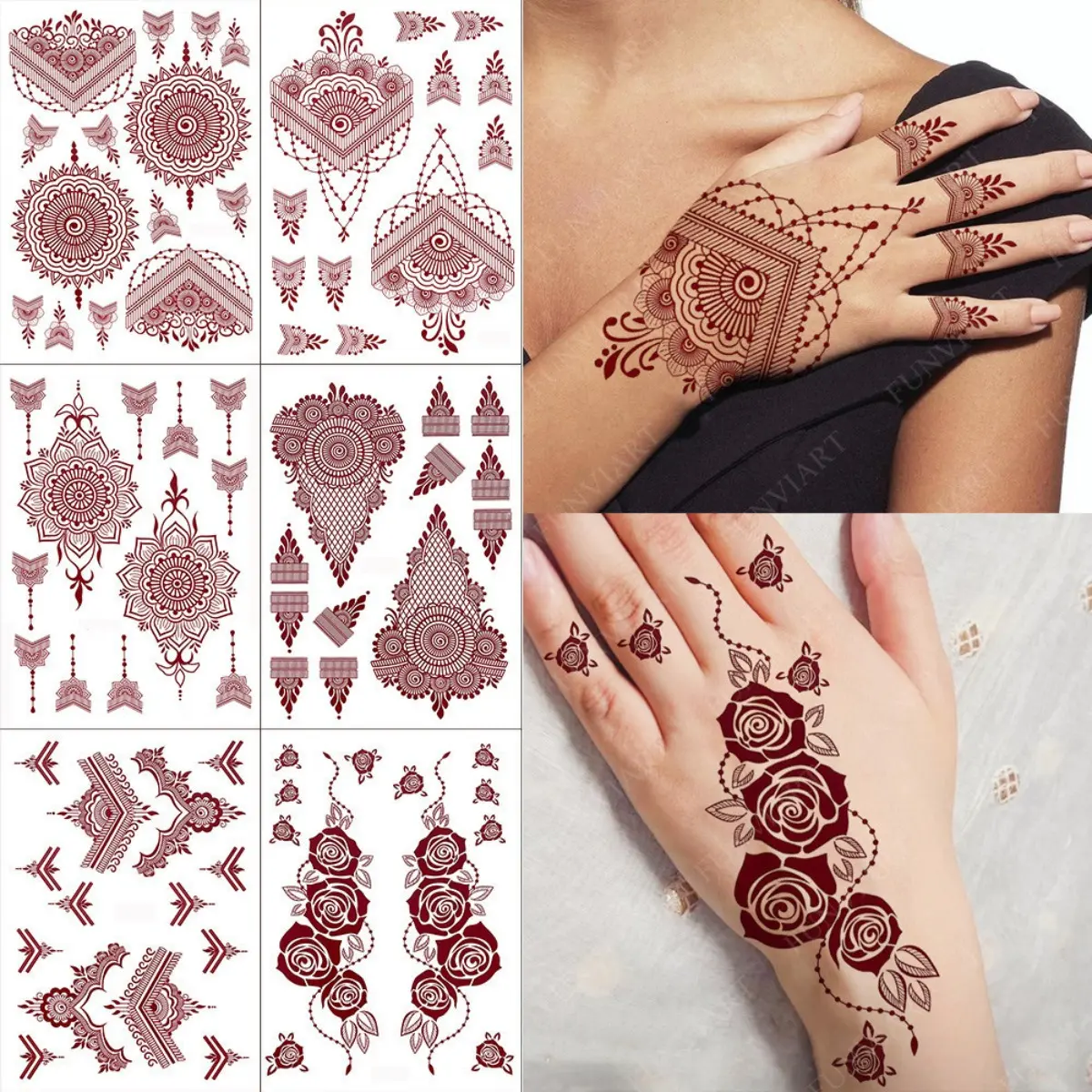 New Design Brown Henna Hand Tattoo Stickers for Women Bride Waterproof Temporary Tattoos Fake Tattoo for Wedding Festival Body Art Tattoo
