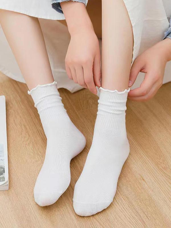 Women's Solid Lettuce Trim Crew Socks, Casual Comfy Breathable Mid-calf Socks for Daily Wear, Multipack Knit Socks for All Seasons 2